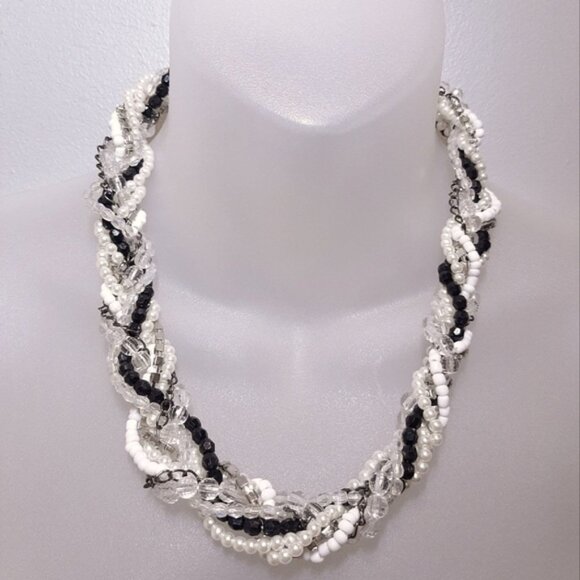 3/$20 Twisted Multi Strand Beaded Statement Necklace Pearl Rhinestone Gunmetal - Picture 1 of 13
